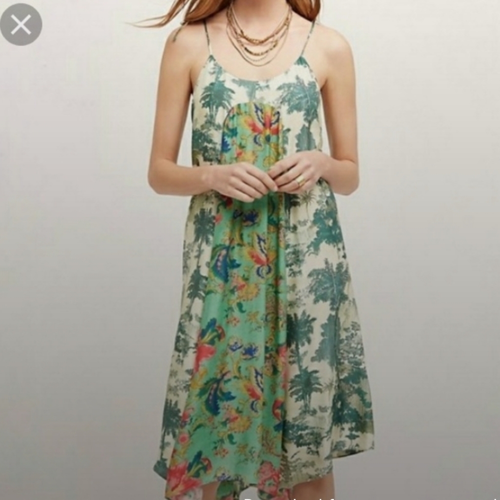 Anthropologie Cream and Teal Asymmetrical Tropical Slip Dress